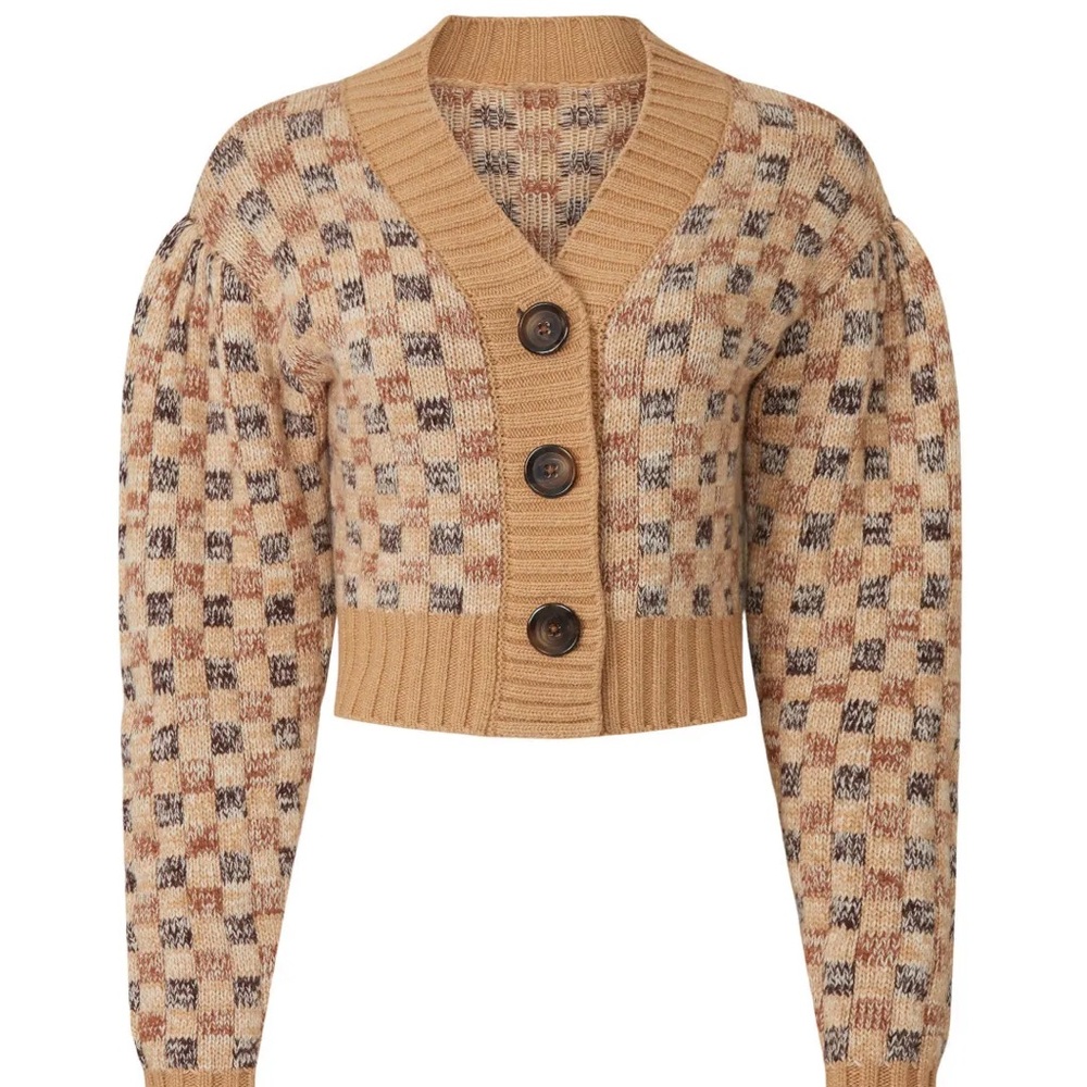 Rebecca Taylor 🥰NWOT Cashmere Wool Sweater Cardigan Jacquard Crop Small Checker - Picture 6 of 16